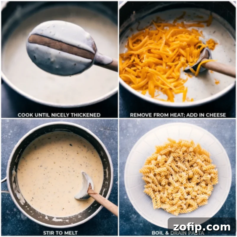 Finishing the cheesy sauce and preparing pasta for the casserole assembly Process shots showing cheese being stirred into the cream sauce and cooked pasta being drained