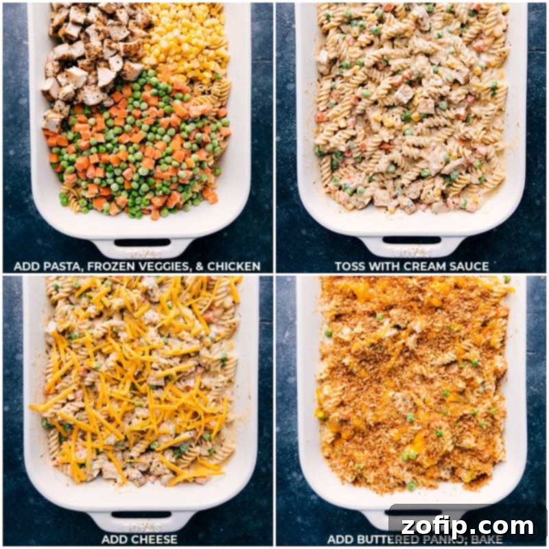 Assembling the hearty Chicken Noodle Casserole layers in a baking dish Process shots of assembling the Chicken Noodle Casserole with pasta, veggies, chicken, cream sauce, cheese, and buttered panko