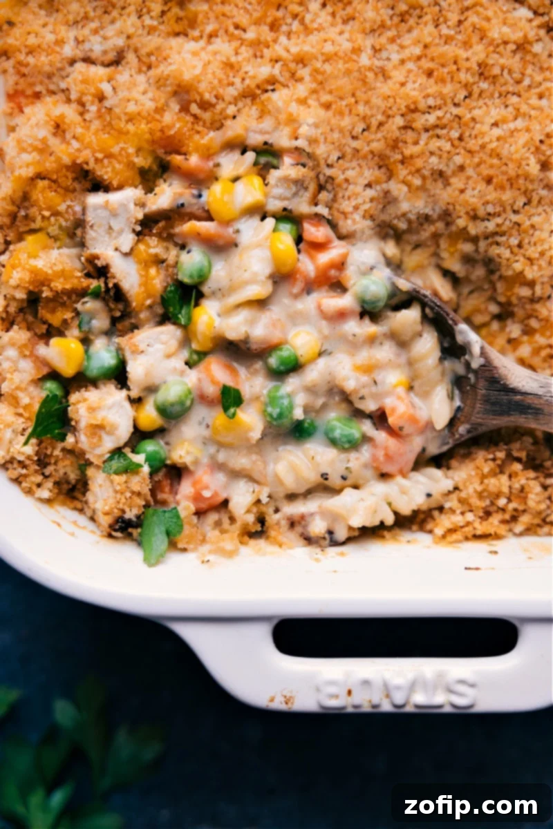 Deliciously golden-brown Chicken Noodle Casserole ready to enjoy Up close overhead image of the fully baked and golden-brown Chicken Noodle Casserole, ready to be served