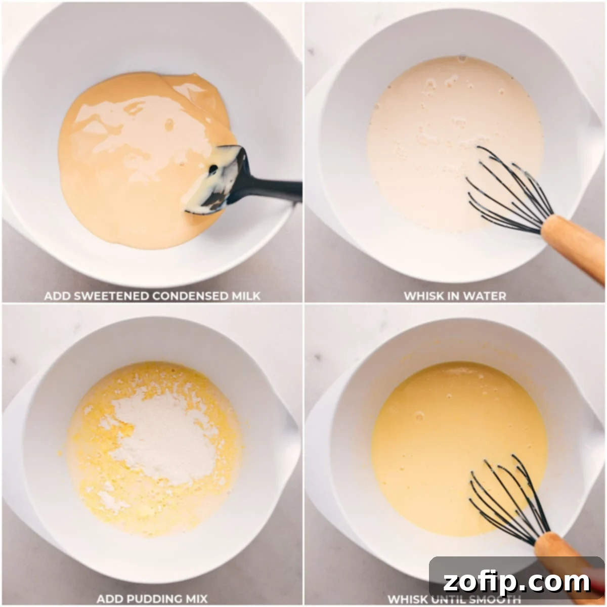 A close-up of a bowl where sweetened condensed milk is being poured, followed by whisking in cold water, and then adding the dry instant vanilla pudding mix, creating the smooth base for this easy banana pudding recipe.