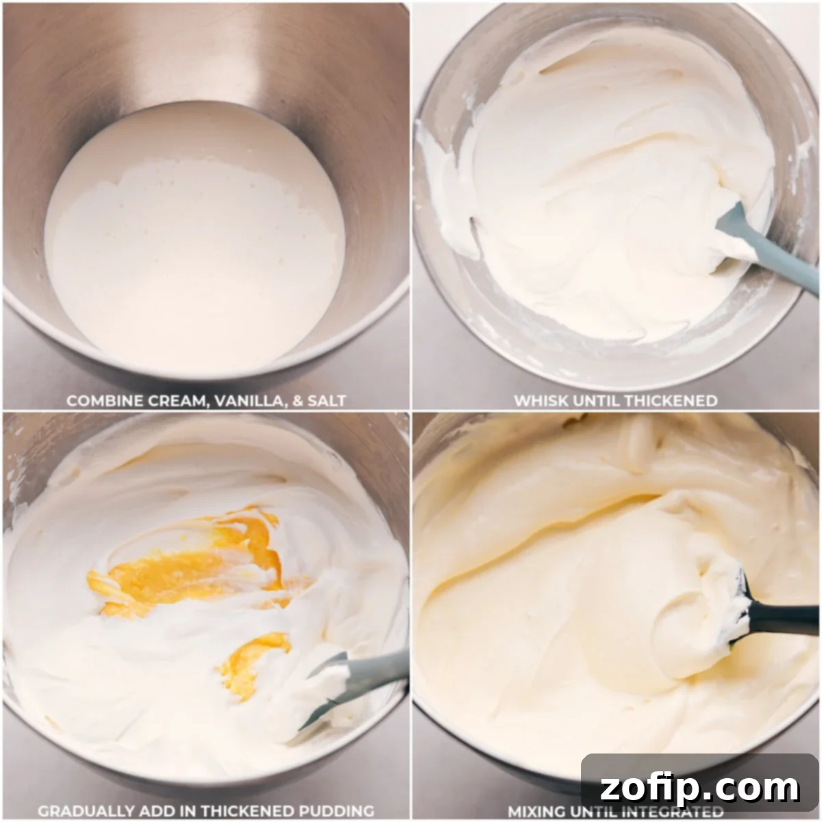 In a separate bowl, heavy cream, vanilla extract, and a pinch of salt are being whisked together until light and fluffy, before gradually folding in the thickened pudding mixture to create a cohesive and creamy dessert base.