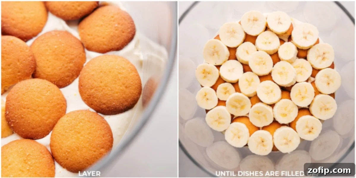 A visual guide to layering banana pudding, showing pudding spread as the first base, followed by a neat arrangement of vanilla cookies, and then slices of fresh bananas, repeating to build a beautiful dessert.