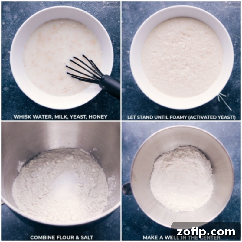 Process shots showing ingredients for pretzel dough: warm water, milk, yeast, and honey combined and proofing, followed by flour and salt being added to the mixture.