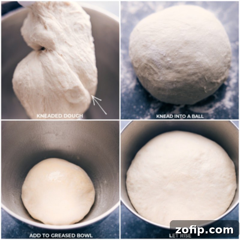 Process shots of pretzel dough: the dough being kneaded in a stand mixer and then rising in a bowl covered with a towel.