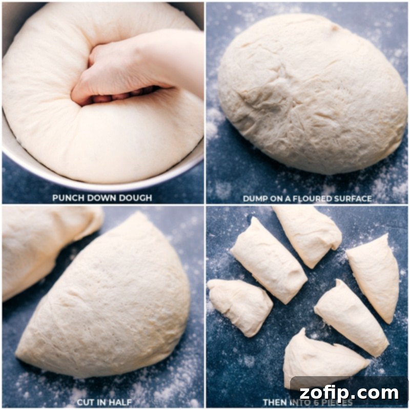 Process shots of pretzel bites dough: the dough being cut into uniform pieces after being rolled into a long rope.