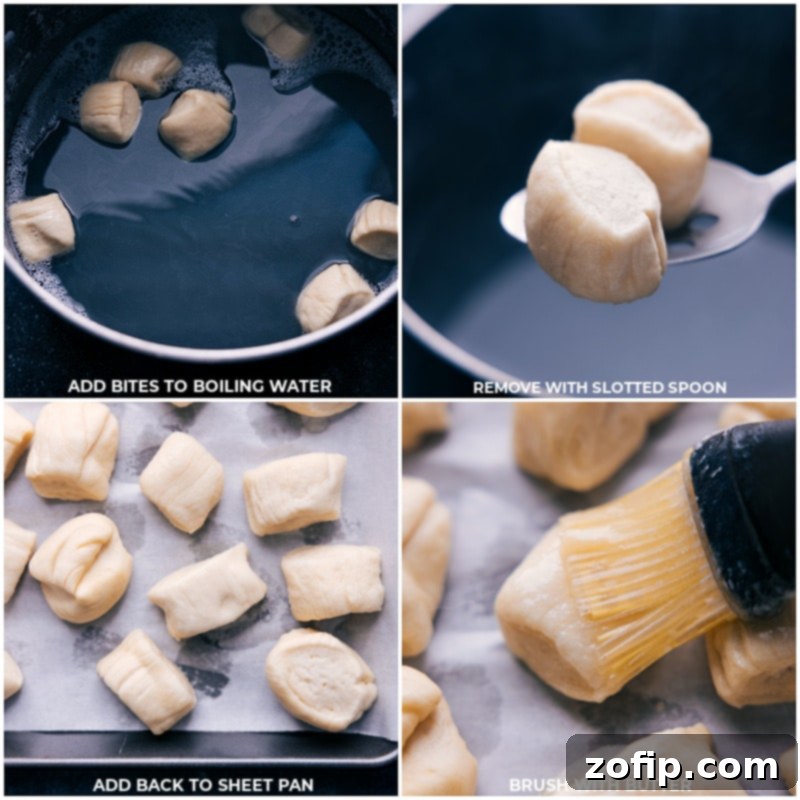 Process shots of pretzel bites: dough being transferred from the boiling water bath to a baking tray and then being brushed with melted butter.