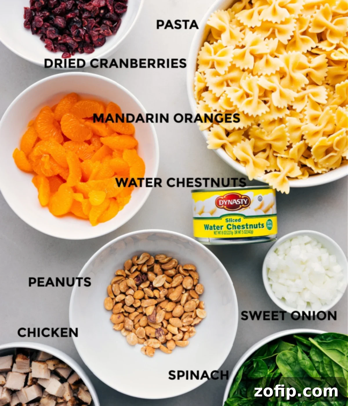Ingredients including dried cranberries, pasta, water chestnuts, oranges, onion, spinach, peanuts, and chicken prepped out for easy assembly of Teriyaki Chicken Salad.
