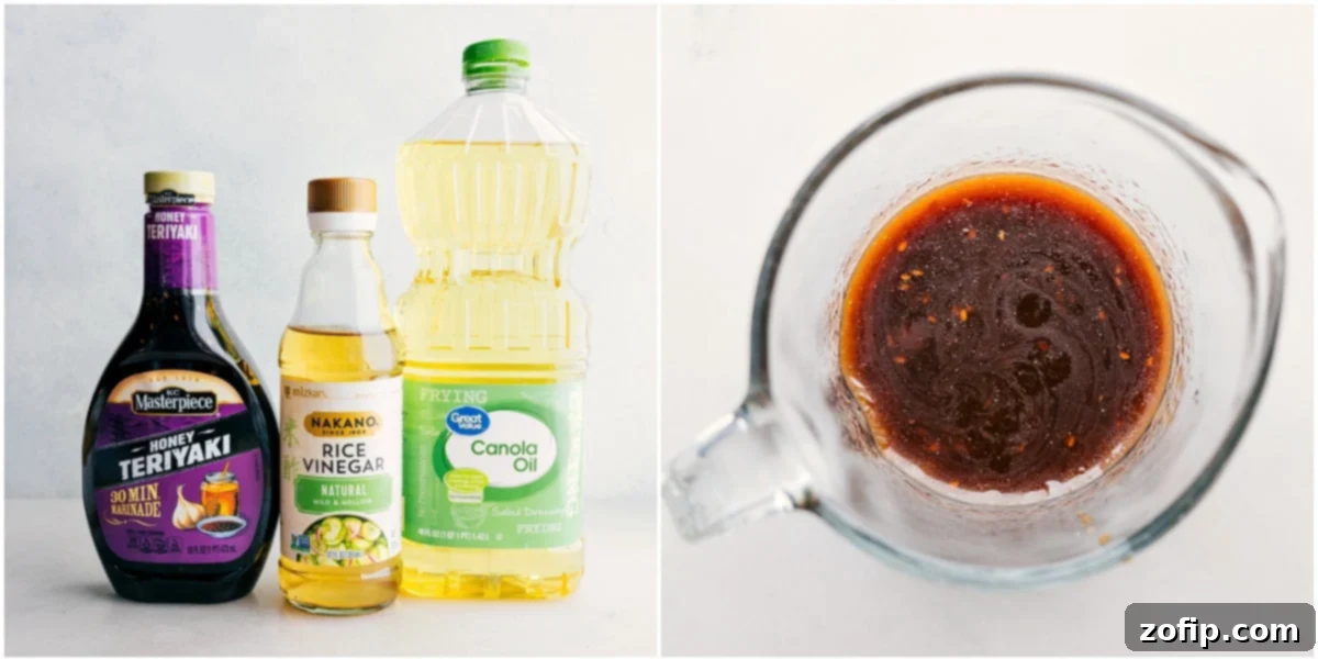 The simple 3-ingredient dressing for Teriyaki Chicken Salad being whisked together in a bowl.