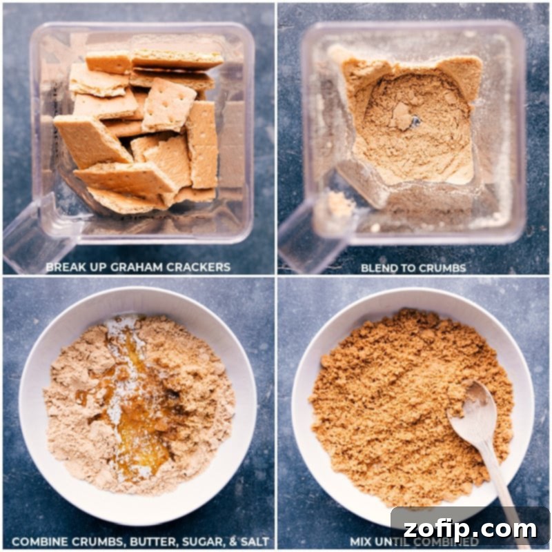 Step-by-step images showing the process of making the buttery graham cracker crust for Banoffee Pie.