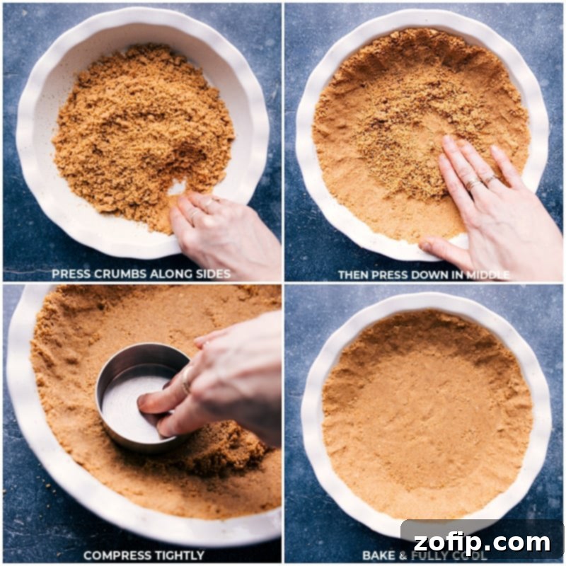 Process images showing the graham cracker crust being pressed into a pie tin and then baked to a golden brown perfection.