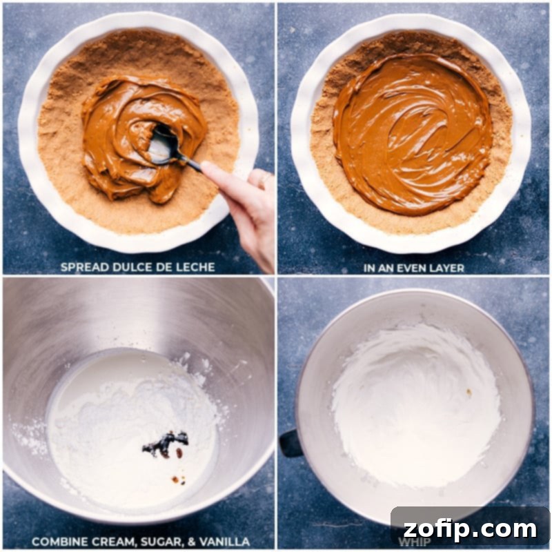 Process shots of Banoffee Pie: spreading dulce de leche over the crust, followed by a generous layer of whipped cream.
