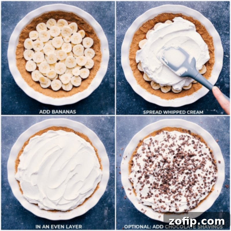Final assembly process for Banoffee Pie: layers of bananas, whipped cream, and finished with delicate chocolate shavings.