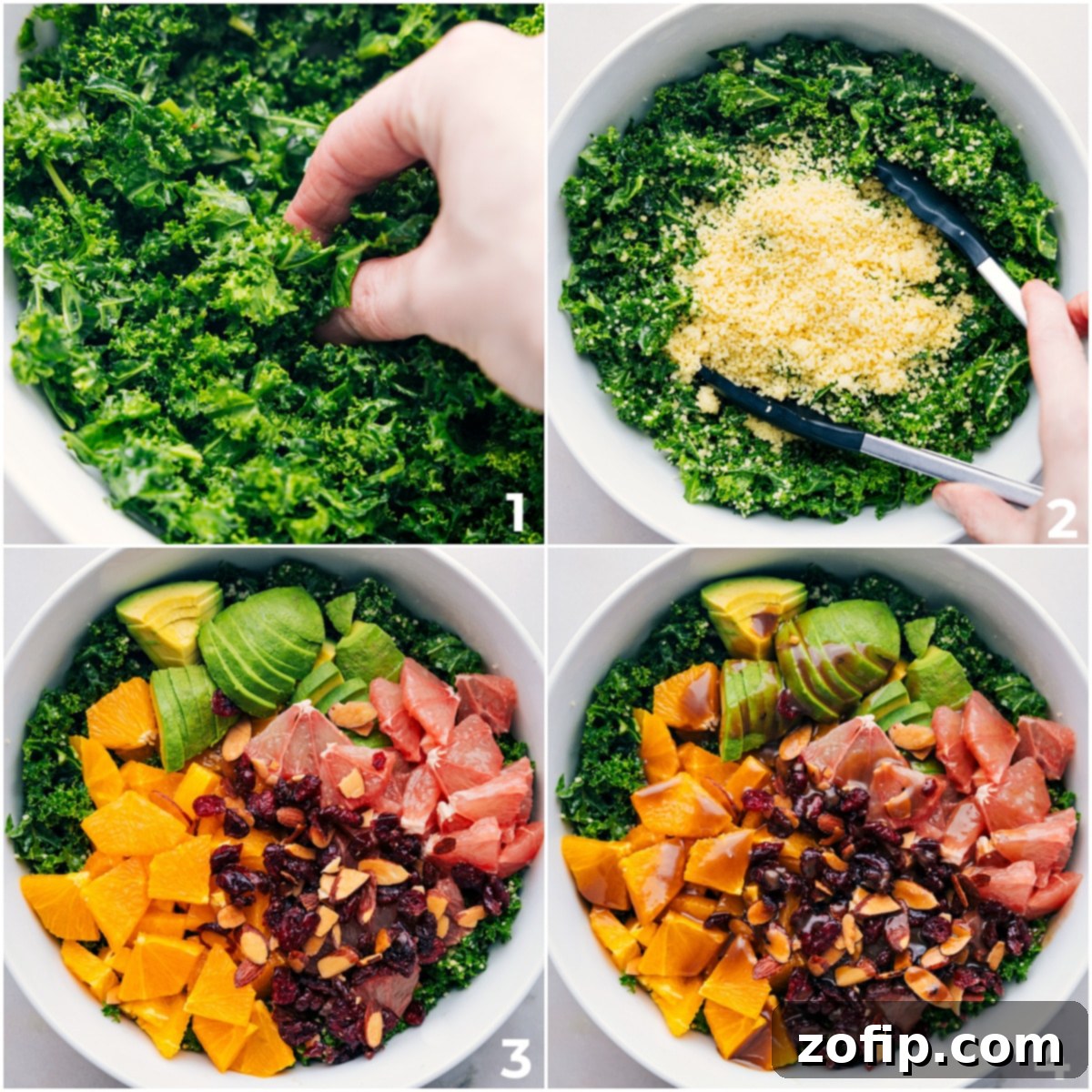 Kale, couscous, nuts, and fruit are being added to a large bowl and gently dressed for a vibrant salad.