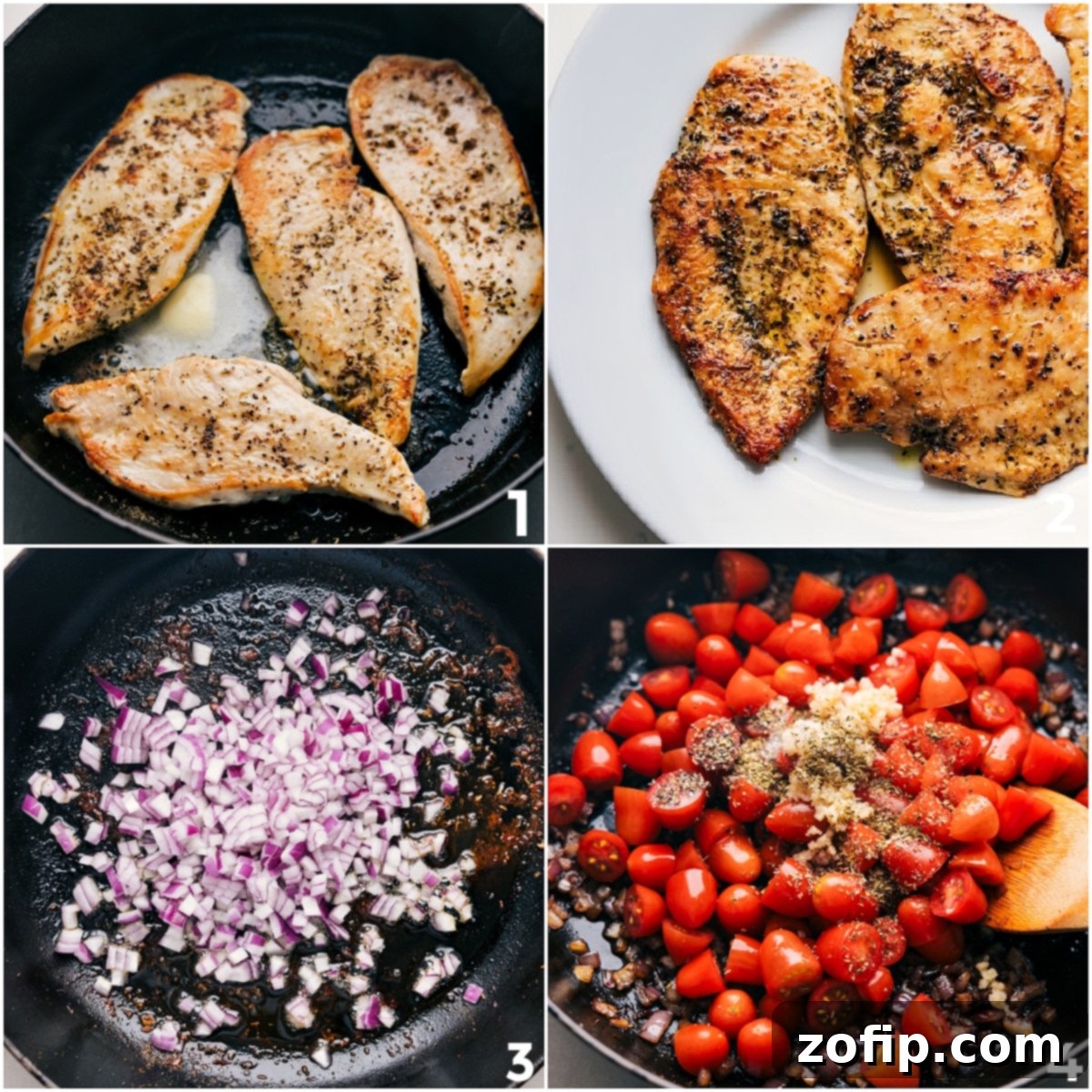 The chicken is cooked with finely diced onions, sweet cherry tomatoes, aromatic garlic, and Italian seasonings, all simmering together to create a rich sauce for this Caprese chicken.