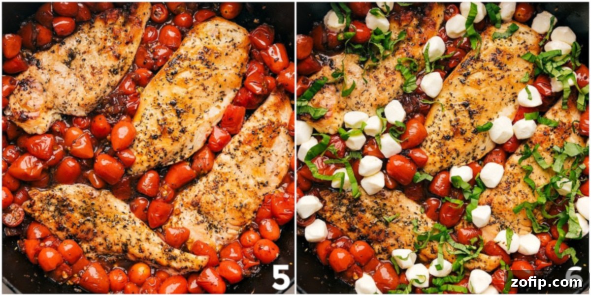 Everything is cooked together in one pan, then topped with fresh basil and melted mozzarella, creating the perfect weeknight Caprese Chicken dinner.