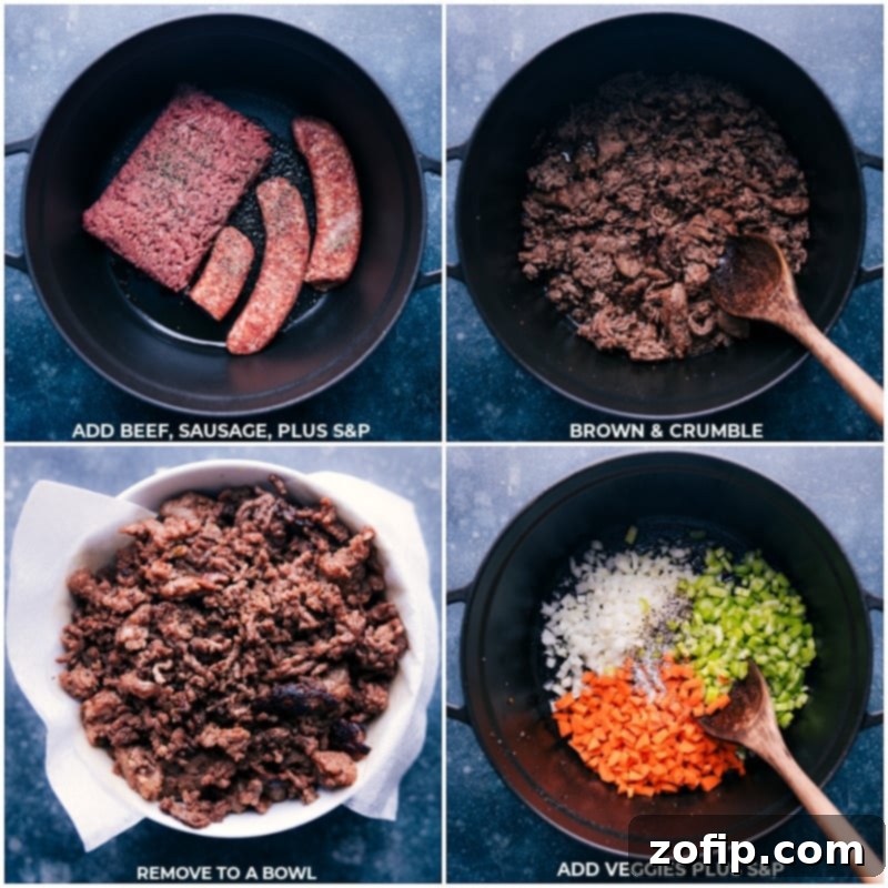 Process shots showing ground beef and Italian sausage being browned, followed by vegetables being sautéed.