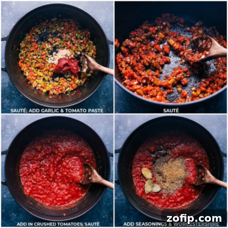 Process shots showing garlic, tomato paste, crushed tomatoes, seasonings, and Worcestershire sauce being sautéed and combined in the pot.