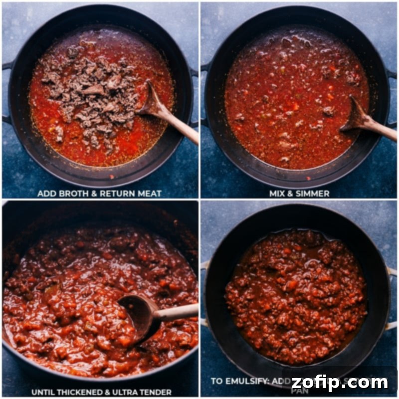 Process shots showing beef broth being added to the pot and the browned meat returned, followed by simmering.