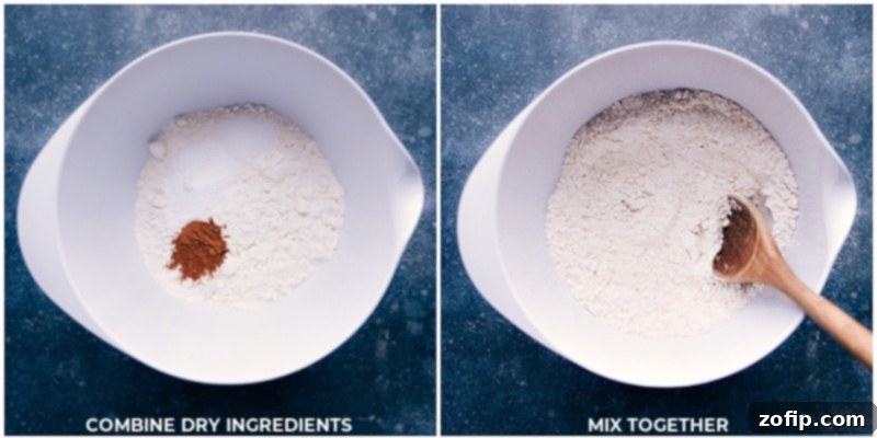 Step-by-step image showing dry ingredients like flour, baking soda, and cinnamon being whisked together in a large mixing bowl.