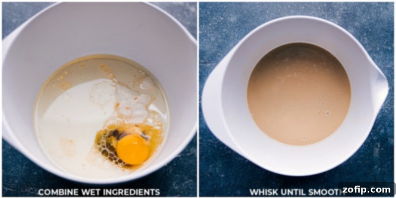 Step-by-step image showing wet ingredients, including egg, oil, yogurt, and milk, being whisked vigorously in a large bowl.