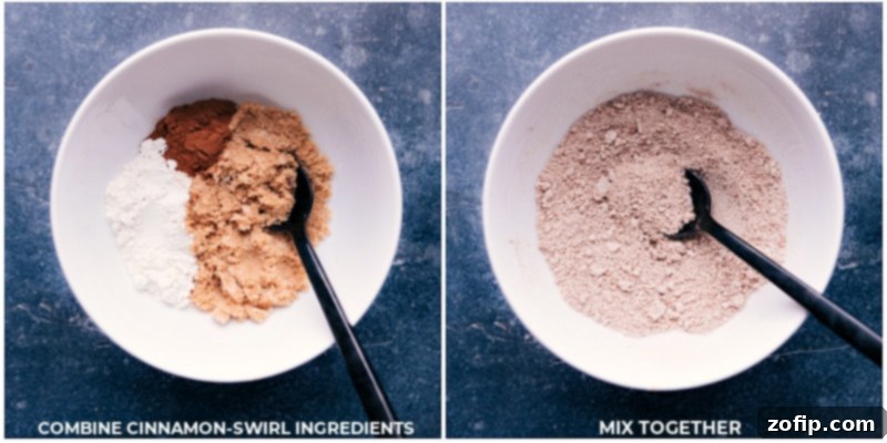 Process shot showing the cinnamon swirl mixture being prepared in a small bowl, showcasing its rich brown sugar and cinnamon hues.
