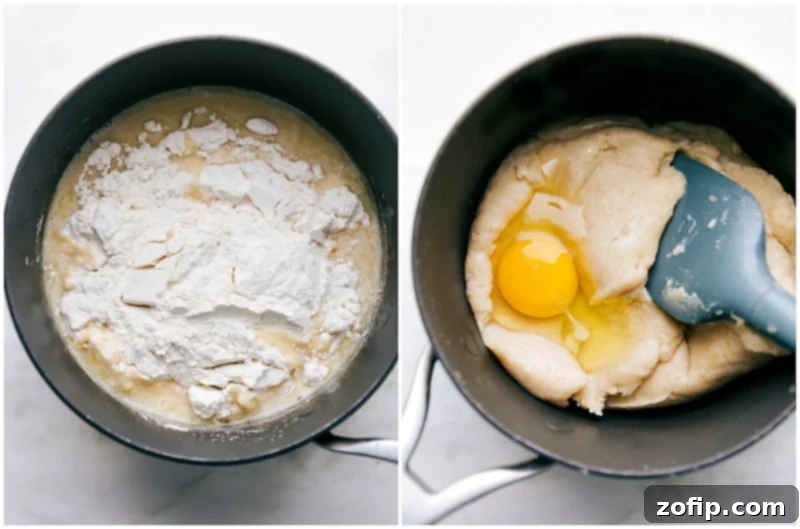 Churro Dough Preparation - Mixing Flour, Eggs, and More Adding flour and eggs, and mixing in a saucepan for the churro dough.