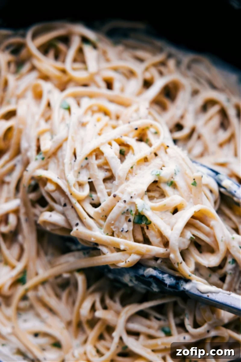 Overhead image of freshly prepared Fettuccine Alfredo in a bowl, garnished with parsley.