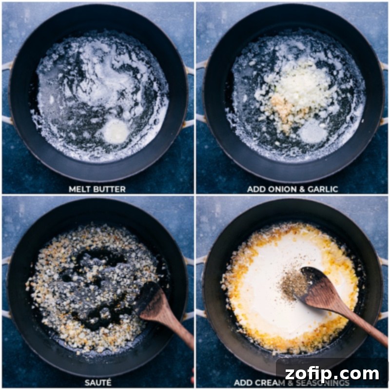 Process shots showing butter melting, onions and garlic sautéing, and heavy cream with seasonings in a pan.