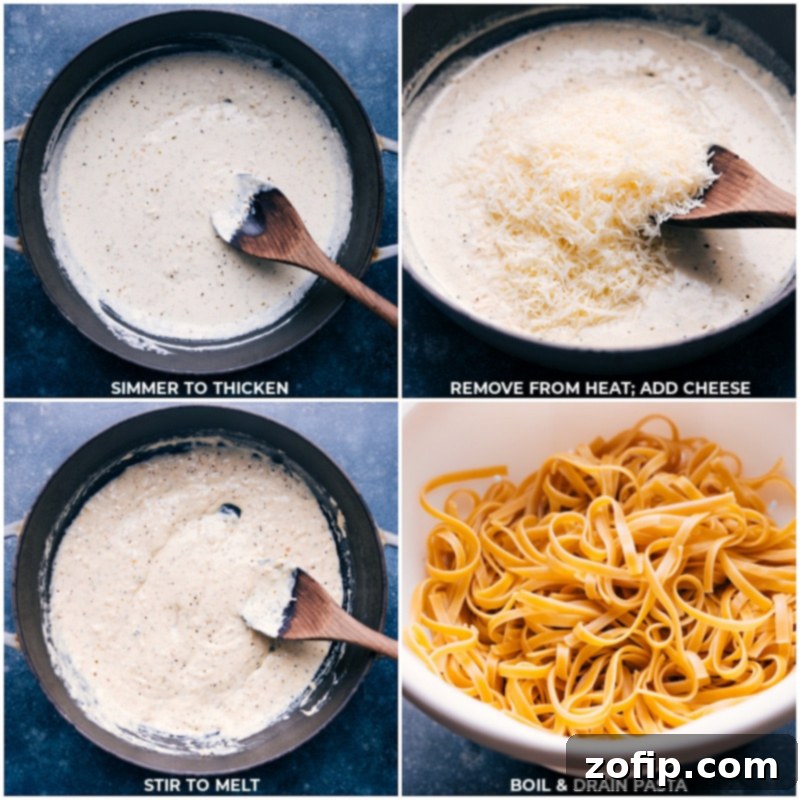 Process shots showing Alfredo sauce thickening, Parmesan cheese being added, and pasta boiling and draining.