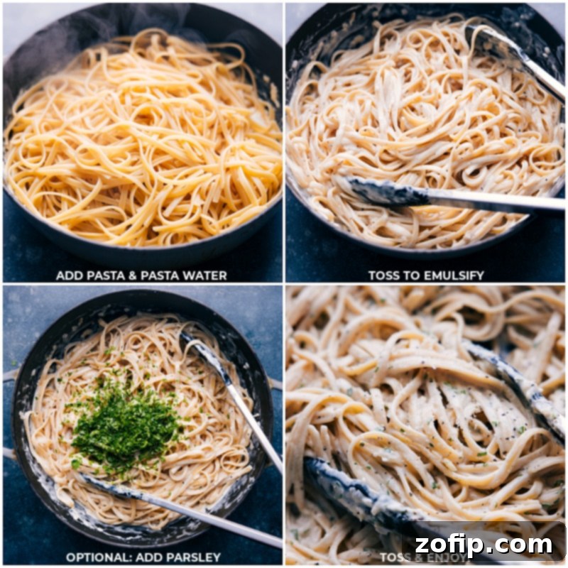 Process shots showing cooked fettuccine being added to the sauce and expertly mixed together.