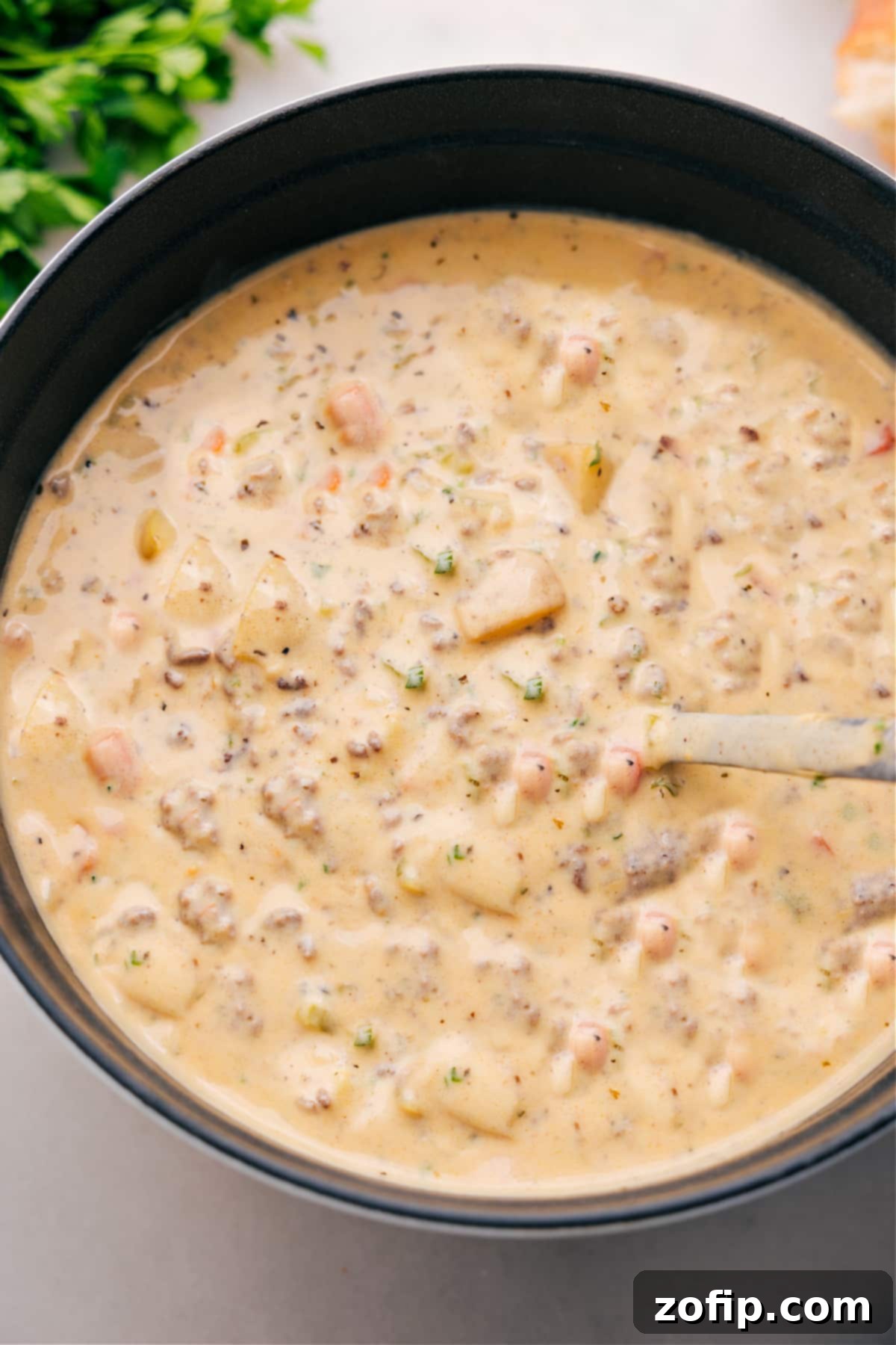 A large serving of homemade Cheeseburger Soup in a rustic bowl, garnished with fresh parsley.