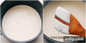 Visual guide demonstrating how to check sauce thickness with a wooden spoon, showing a clean line drawn through the sauce.