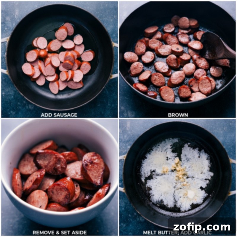 Process shots showing slices of smoked sausage browning in a hot pan, followed by butter and garlic being added to the same pan to start the Alfredo sauce.