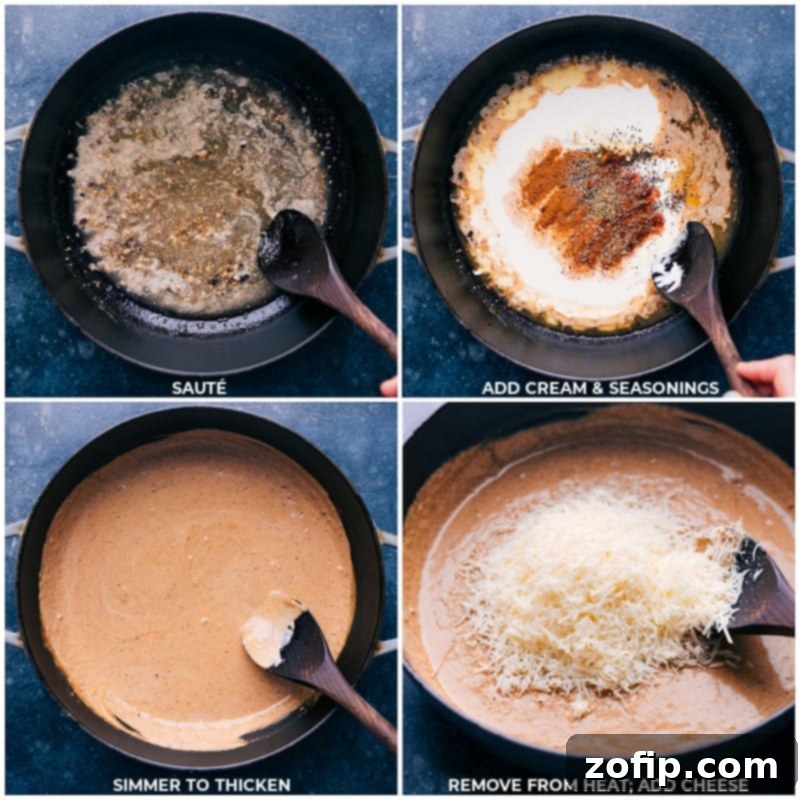 Process shots of Sausage Alfredo Pasta showing the rich, creamy sauce being prepared in a pan, bubbling gently.