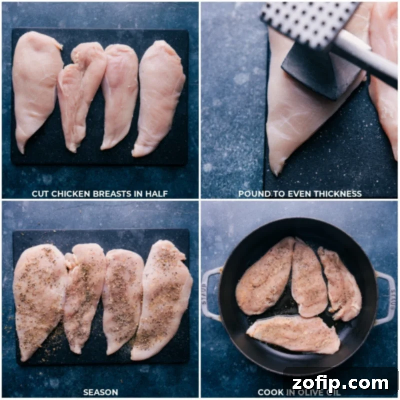 Cut chicken breasts in half; pound to even thickness; season and then cook in olive oil for Chicken Alfredo.