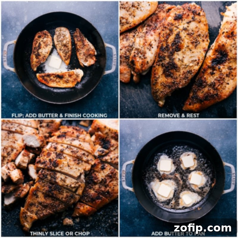 Flipping chicken in a skillet, adding butter, finishing cooking, then slicing or chopping the rested chicken to use in a chicken alfredo recipe.