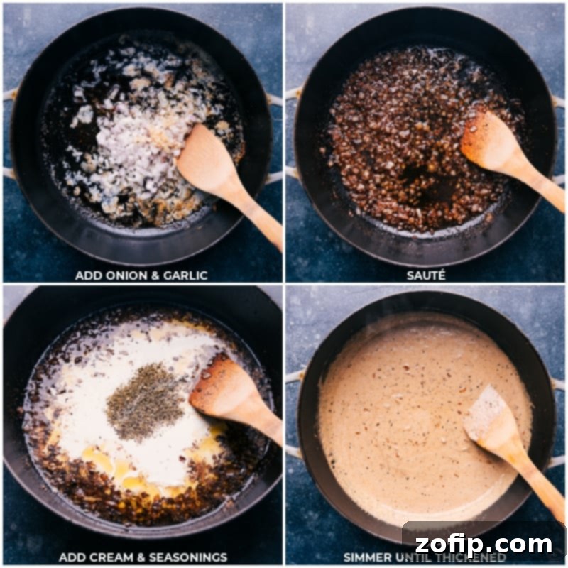 Add onion and garlic to the pan and sauté; add cream and seasonings; simmer until thickened to create creamy Alfredo sauce.