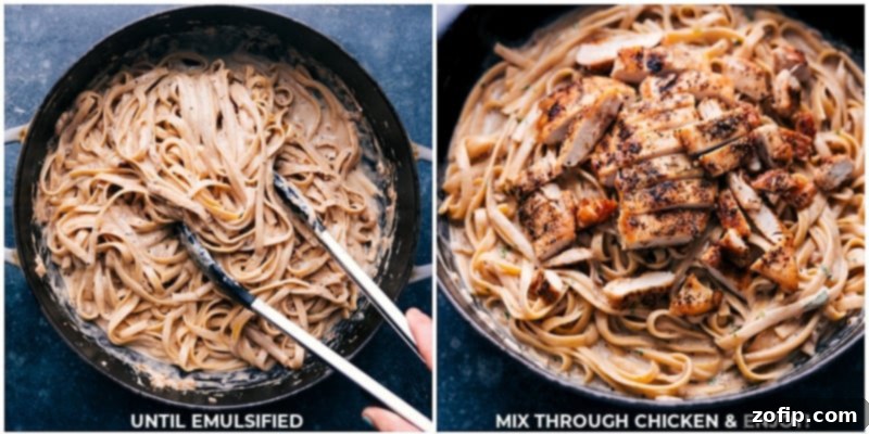 Toss the pasta and sauce until emulsified; mix in the chicken and serve this chicken alfredo recipe.