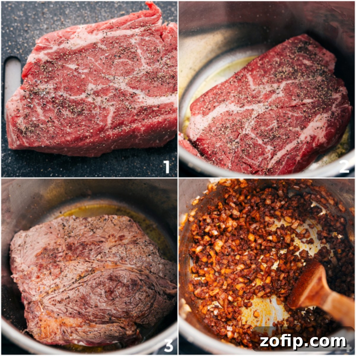 Tender Slow-Cooked Shredded Beef Enchiladas 3 A large piece of beef chuck roast being seared to a golden brown in a hot instant pot, alongside diced yellow onions being sautéed. This critical step builds deep flavor for the shredded beef enchiladas.