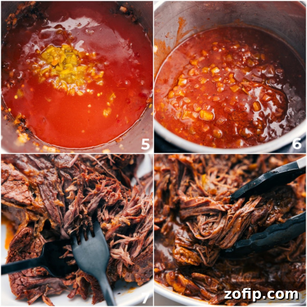 Shredding The Beef For The Enchiladas Recipe After pressure cooking, tender beef chuck roast is removed from the rich red enchilada sauce and expertly shredded with two forks, ready to be mixed with more sauce for the enchilada filling.