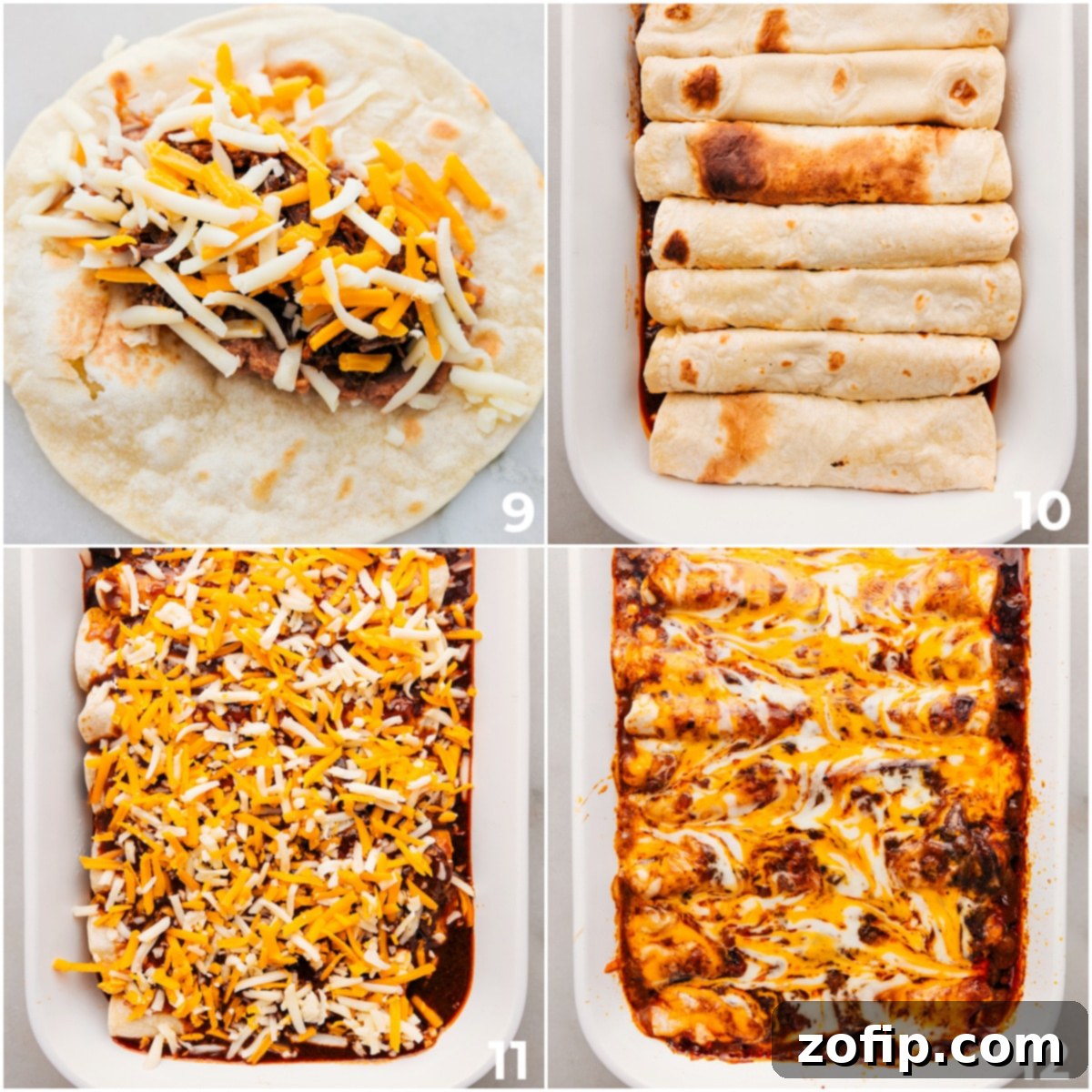 How To Make Instant Pot Beef Enchiladas A casserole dish filled with perfectly rolled shredded beef enchiladas, ready for baking. Each tortilla is generously filled with beef, refried beans, and cheese, promising a delicious, comforting meal.