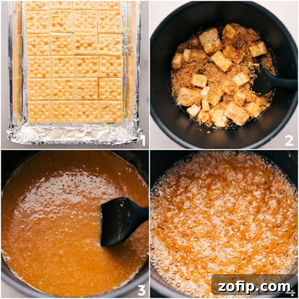 Easy Saltine Toffee Crack Recipe Step Saltine crackers are neatly arranged on a foil-lined sheet pan, while a rich mixture of brown sugar and butter simmers in a pot, ready to create the buttery toffee layer for Christmas crack.