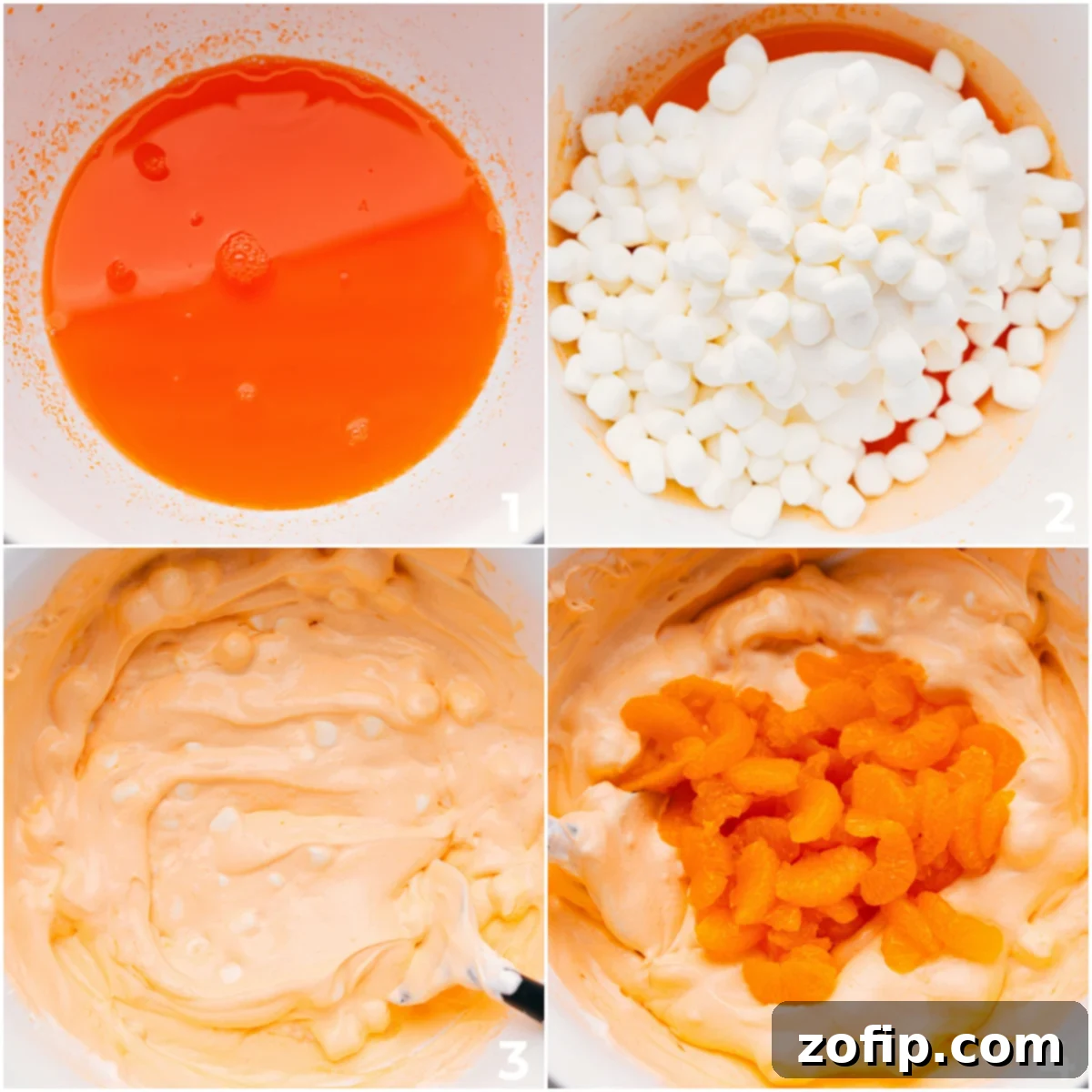 How To Make Orange Fluff Salad A large mixing bowl with orange Jell-O, thawed whipped topping, and mini marshmallows being gently folded together with well-drained mandarin oranges for the Orange Fluff Salad.