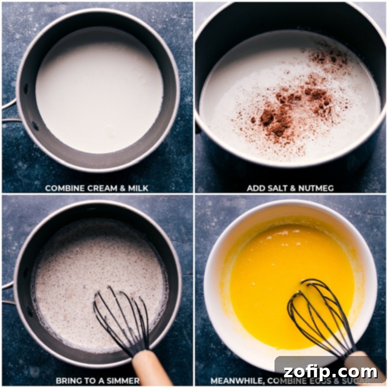 Creamy Homemade Eggnog 3 Process shots of making Eggnog, showing cream, milk, salt, and nutmeg being combined, and then eggs and sugar being whisked