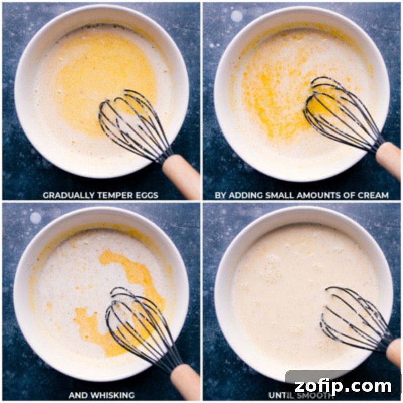 Creamy Homemade Eggnog 4 Process shots of making Eggnog, showing the egg and cream mixture being combined and whisked