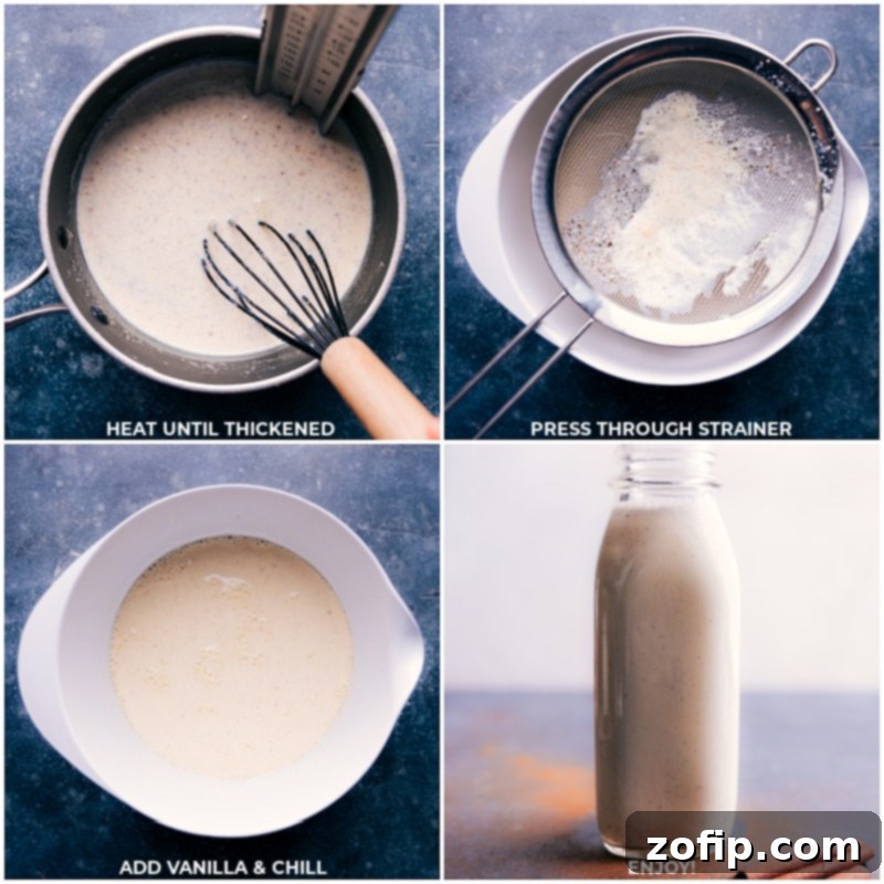 Creamy Homemade Eggnog 5 Process shots of Eggnog, showing the mixture being heated to thicken and then strained before chilling