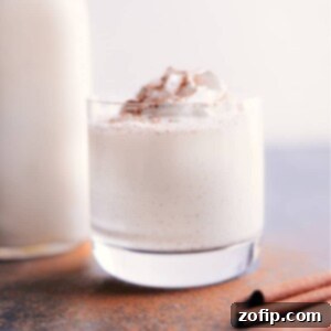 Creamy Homemade Eggnog 6 A close-up image of a glass of Eggnog, garnished with whipped cream and a sprinkle of nutmeg.