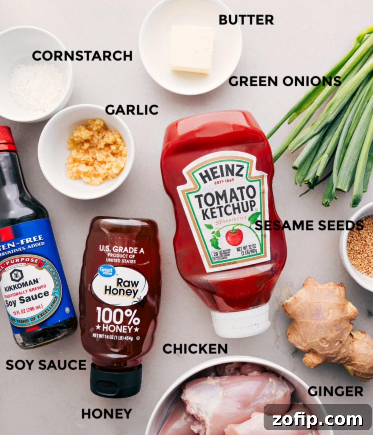 All the essential ingredients for Honey Garlic Chicken Thighs displayed: boneless, skinless chicken thighs, butter, fresh green onions, minced garlic, cornstarch, classic ketchup, golden honey, savory soy sauce, sesame seeds, and fragrant ginger.