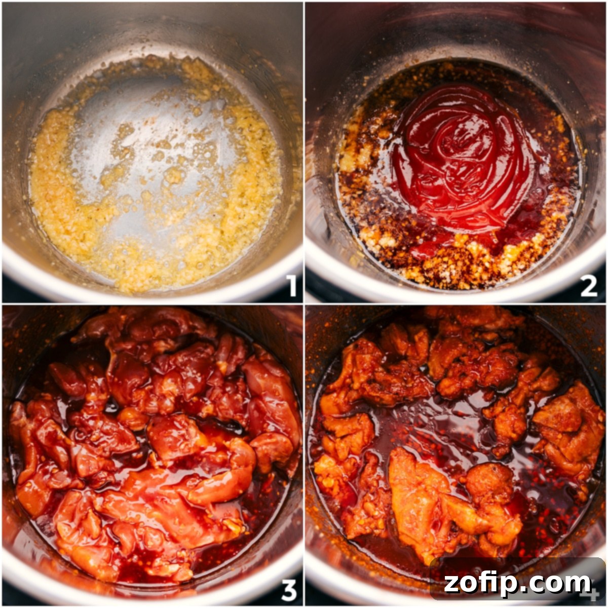 The initial steps of making honey garlic chicken thighs in the Instant Pot, showing butter melting, followed by sautéing garlic and ginger, then adding all other sauce ingredients before pressure cooking.