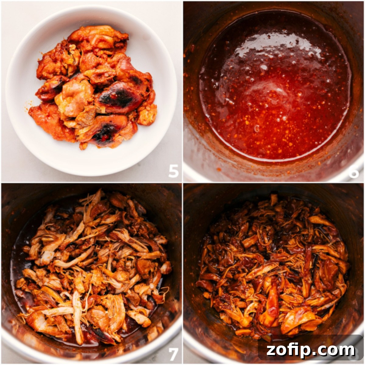 Shredded honey garlic chicken thighs returned to the thick, glossy sauce in the Instant Pot, tossed together for a ready-to-serve dinner.